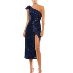 NWT Mac Duggal Sequined One Shoulder Bow Midi Dress 26689